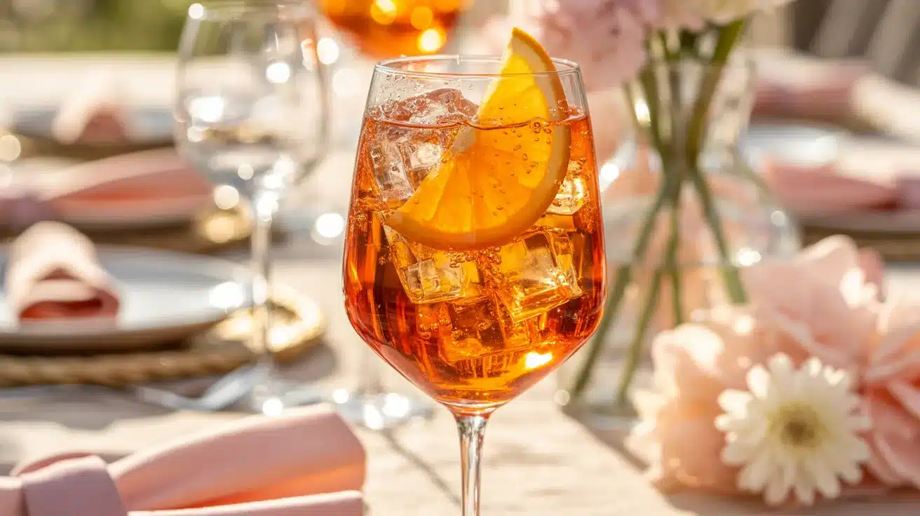 Aperol spritz cocktail with orange slice on sunlit table setting