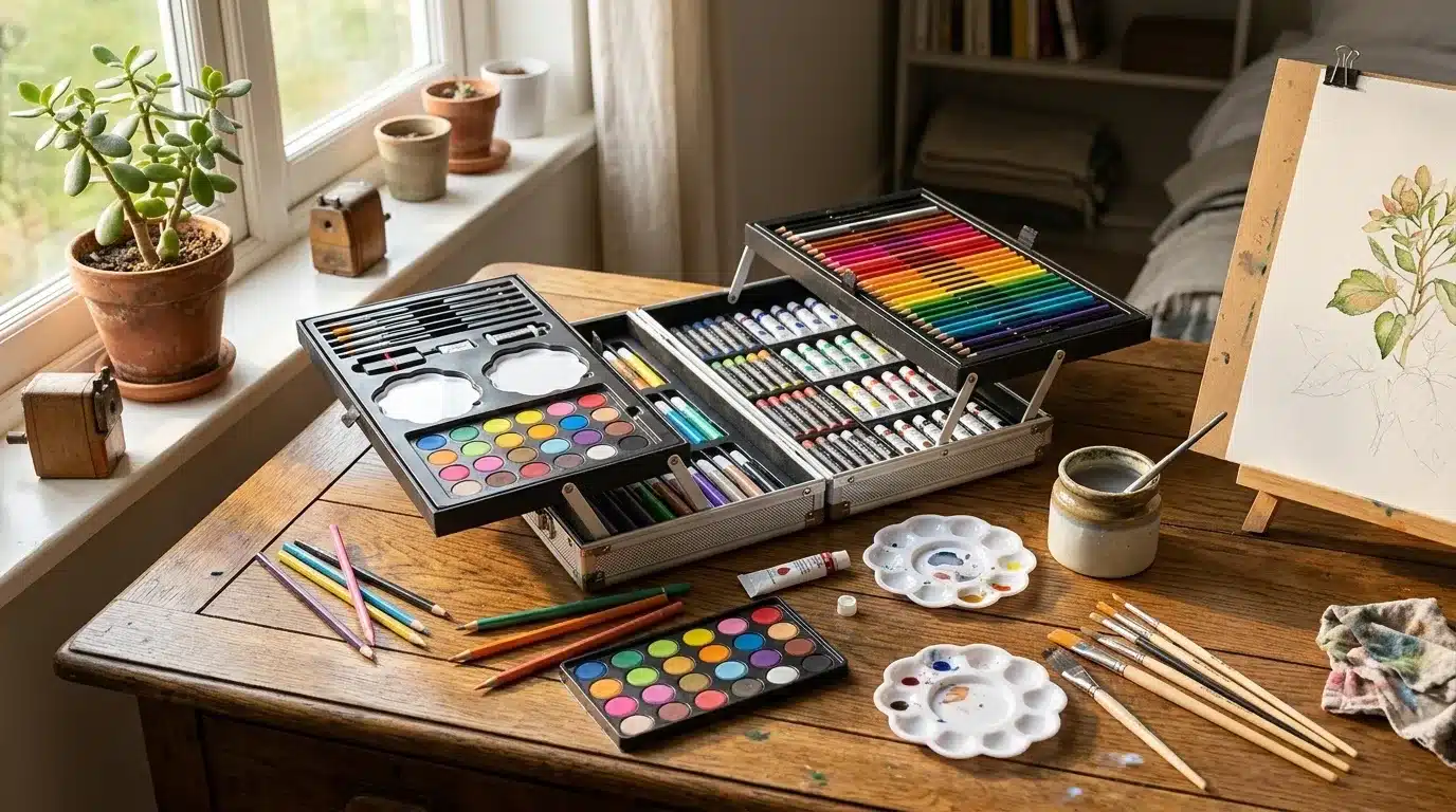 Art supplies kit on a table in natural sunlight.