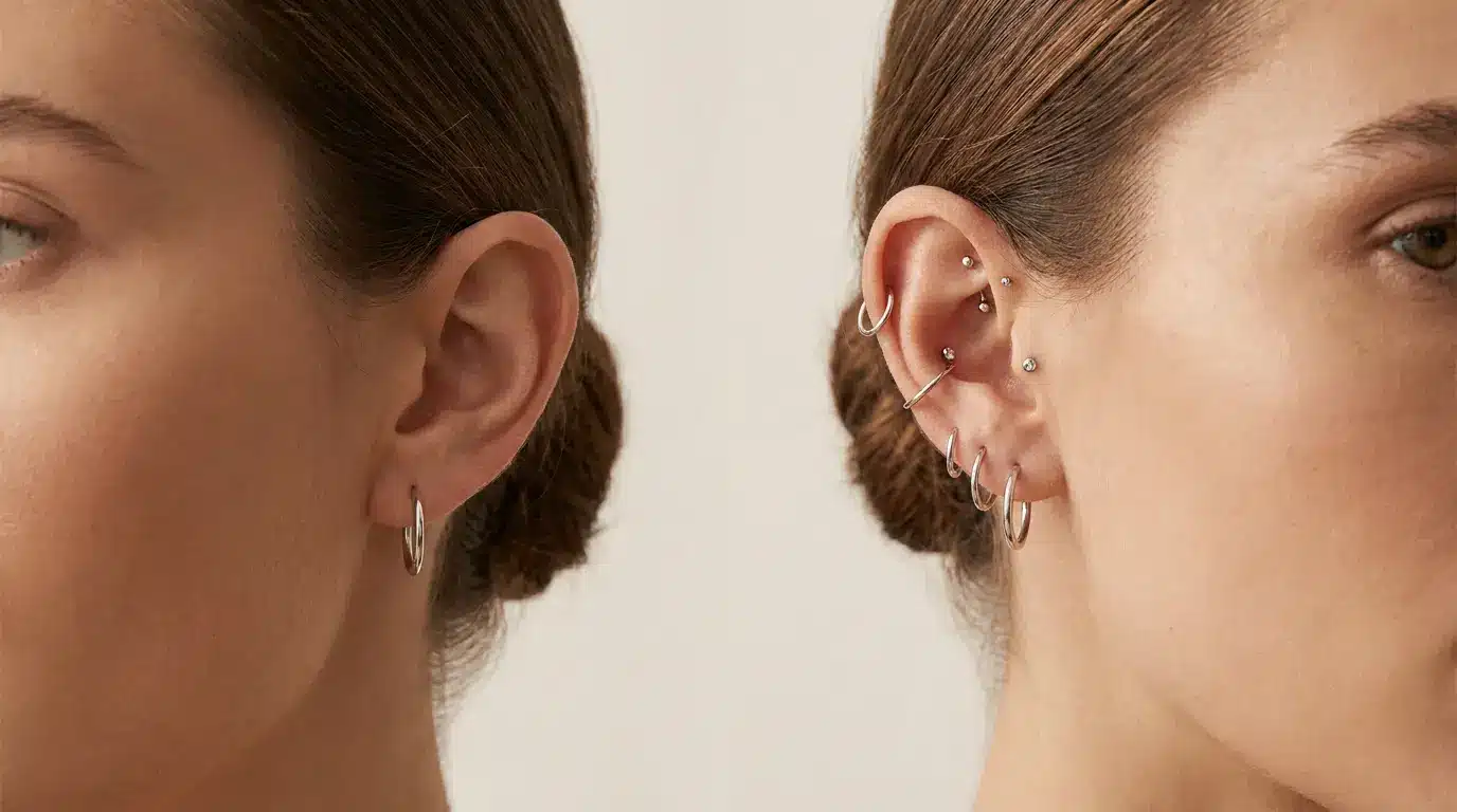 Asymmetrical curated ear styling with balanced piercings