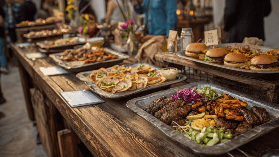 BBQ and grill stations with grilled food options like burgers, skewers, and fish tacos at a summer wedding