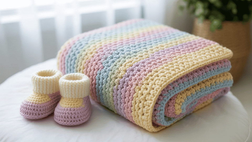 Crochet baby blanket and matching booties in pastel colors displayed together
