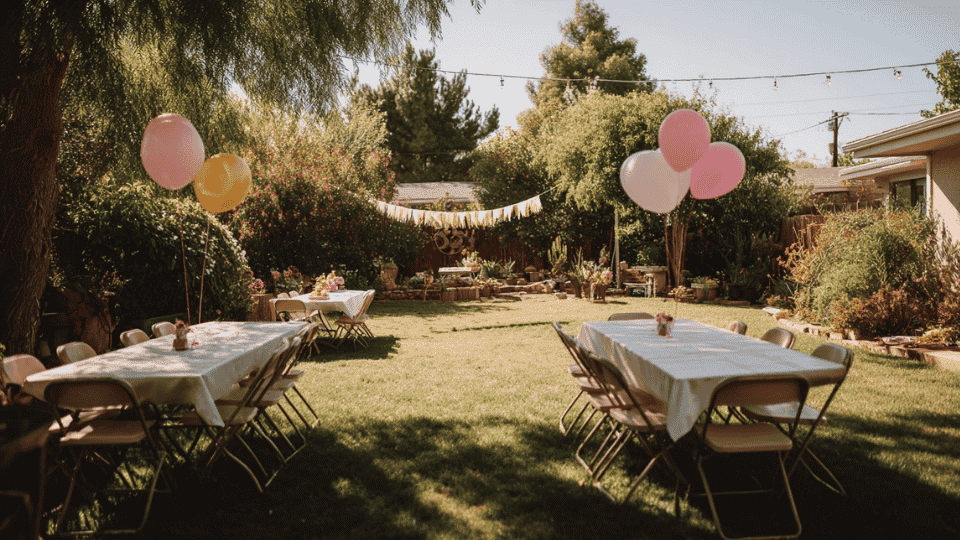Backyard set up for a kids birthday party with tables, balloons, and simple decorations