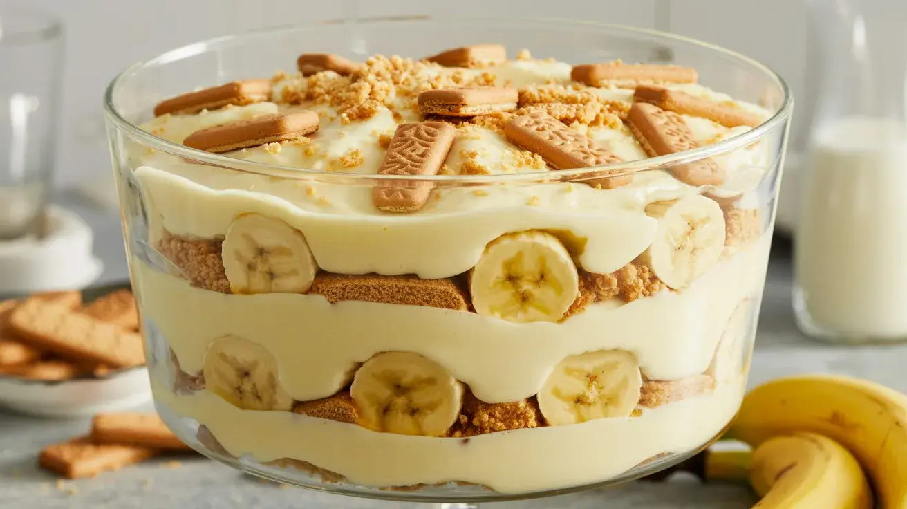 Banana pudding layered with vanilla wafers, sliced bananas, and creamy custard in a glass dish
