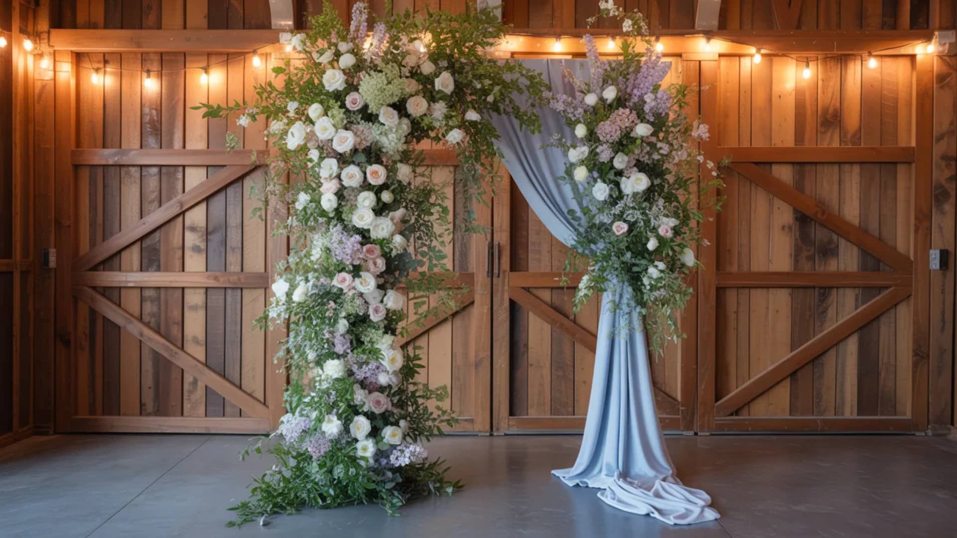 Barn wedding arch with soft florals, greenery, and blue drape under warm lights.