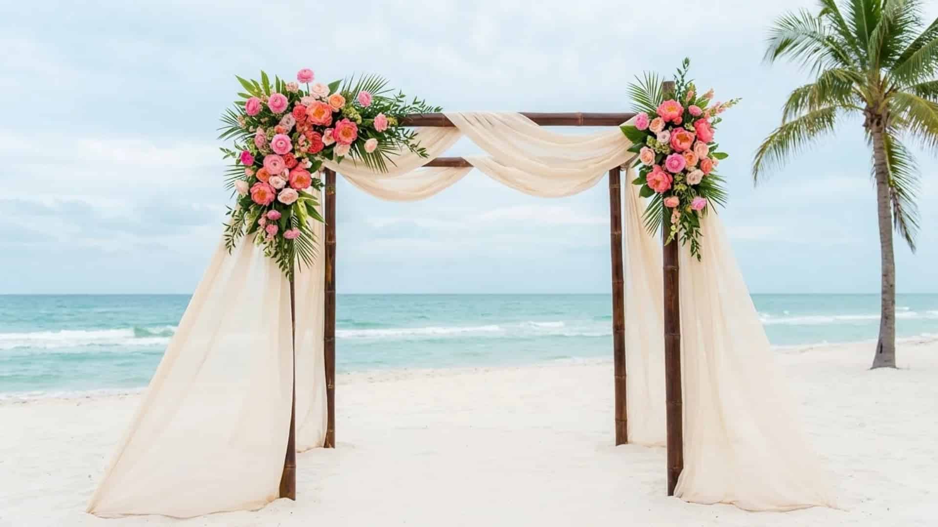 Beach wedding arch with cream drapes and pink flowers on soft white sand shore.