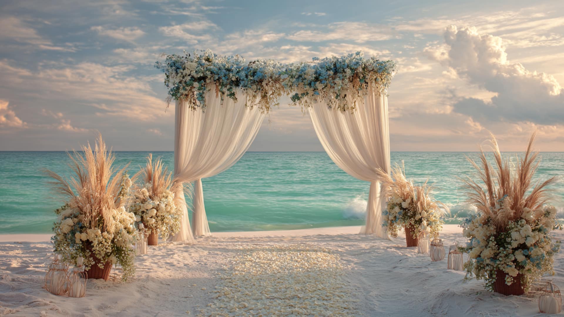 Beach wedding arch with flowing drapes, florals, and pampas grass at sunset.