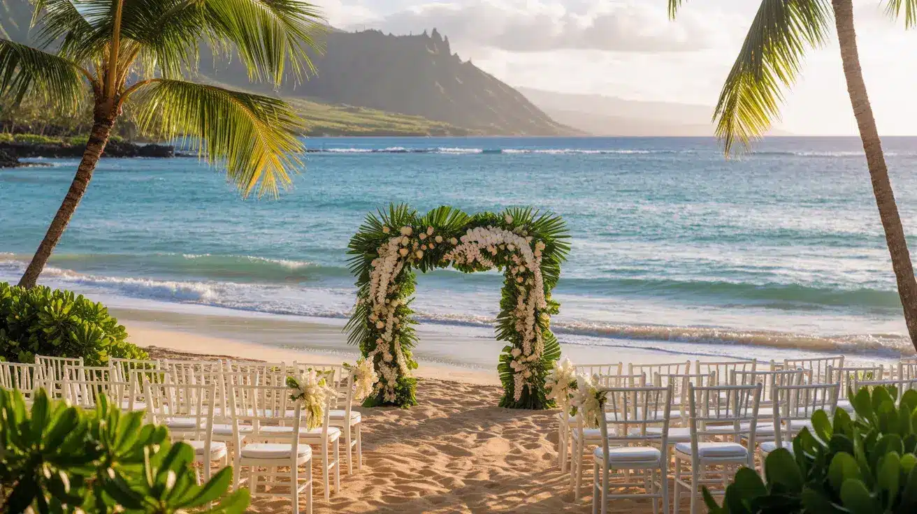 Beach wedding setup with a floral arch, white chairs, and the turquoise ocean in the background, framed by palm trees.