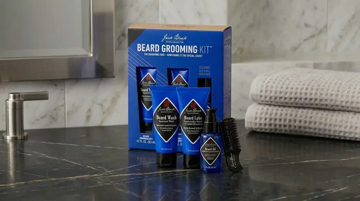 Beard grooming kit displayed on a marble bathroom counter with folded towels and a small brush.