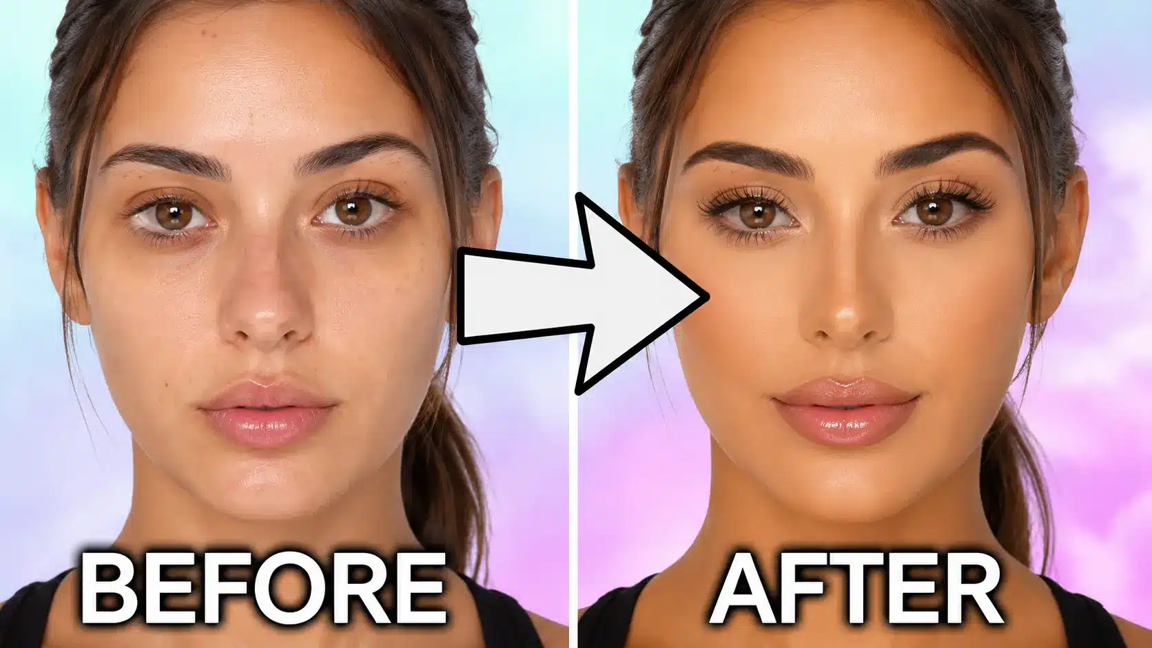 Before and after makeup transformation comparison.