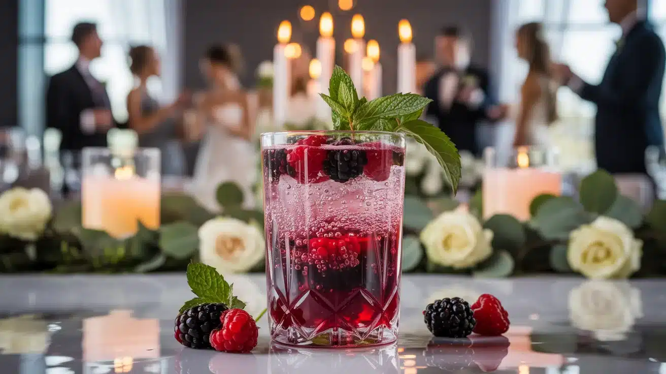 Berry spritz cocktail with raspberries, blackberries, and mint in rocks glass at reception