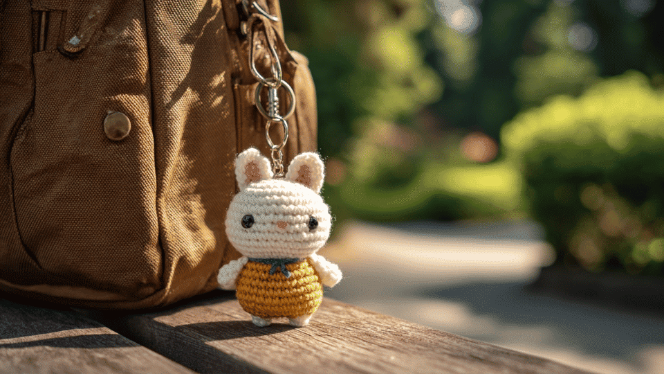Crochet birthday amigurumi keychain shaped like a small animal clipped to a backpack