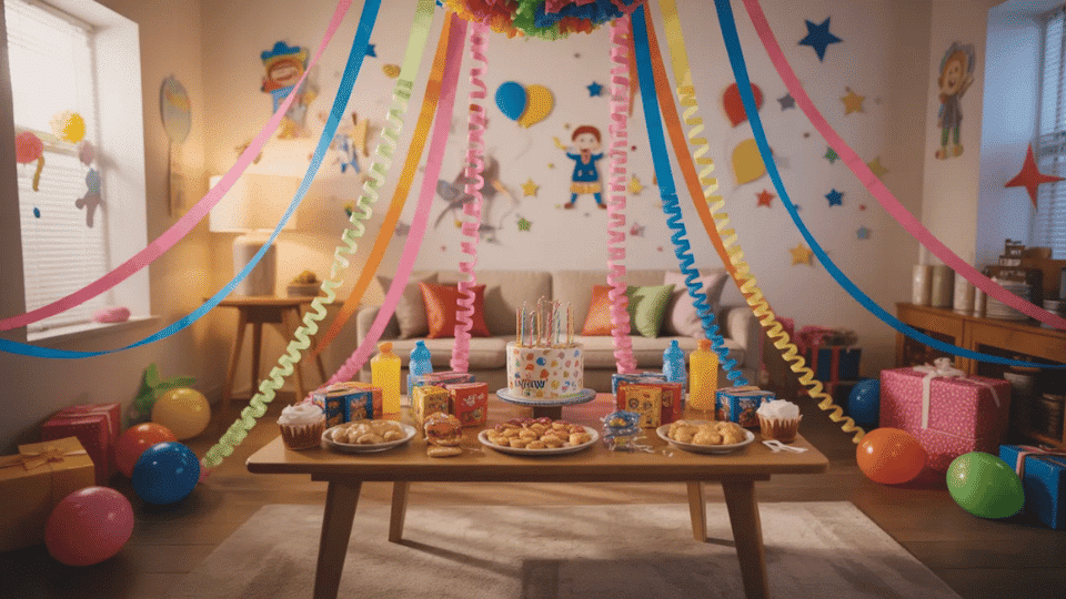 Birthday party room with streamers, paper cutouts, and decorated table setup