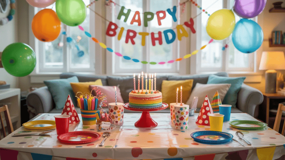 Birthday party setup with handmade paper banner, balloons, and decorated table