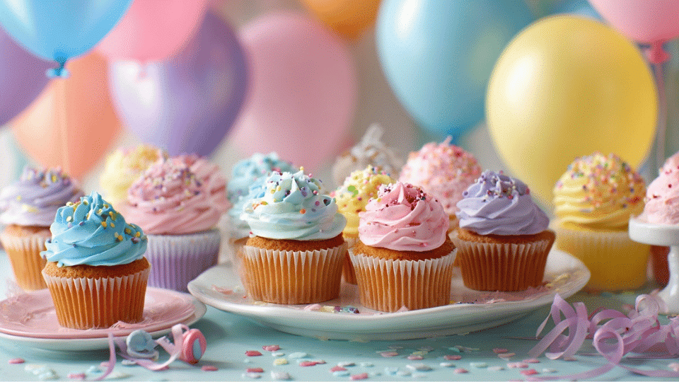 Birthday party table with homemade cupcakes, colorful frosting, and decorations
