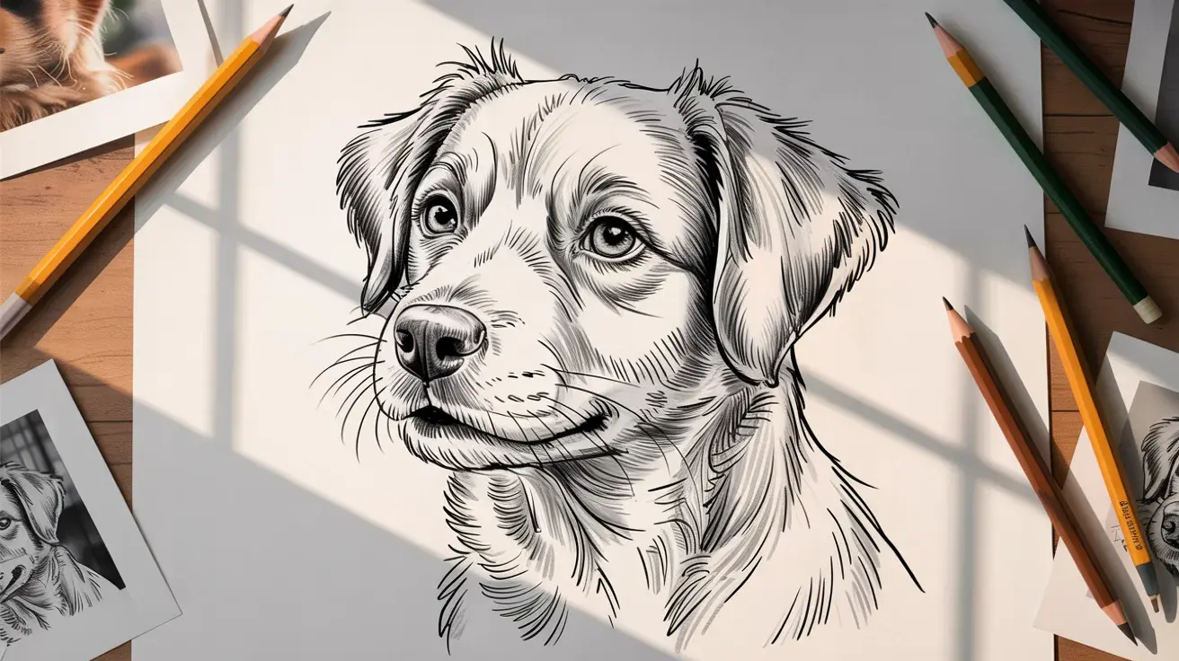 Black-and-white pencil sketch of a dog portrait with detailed fur and expressive eyes