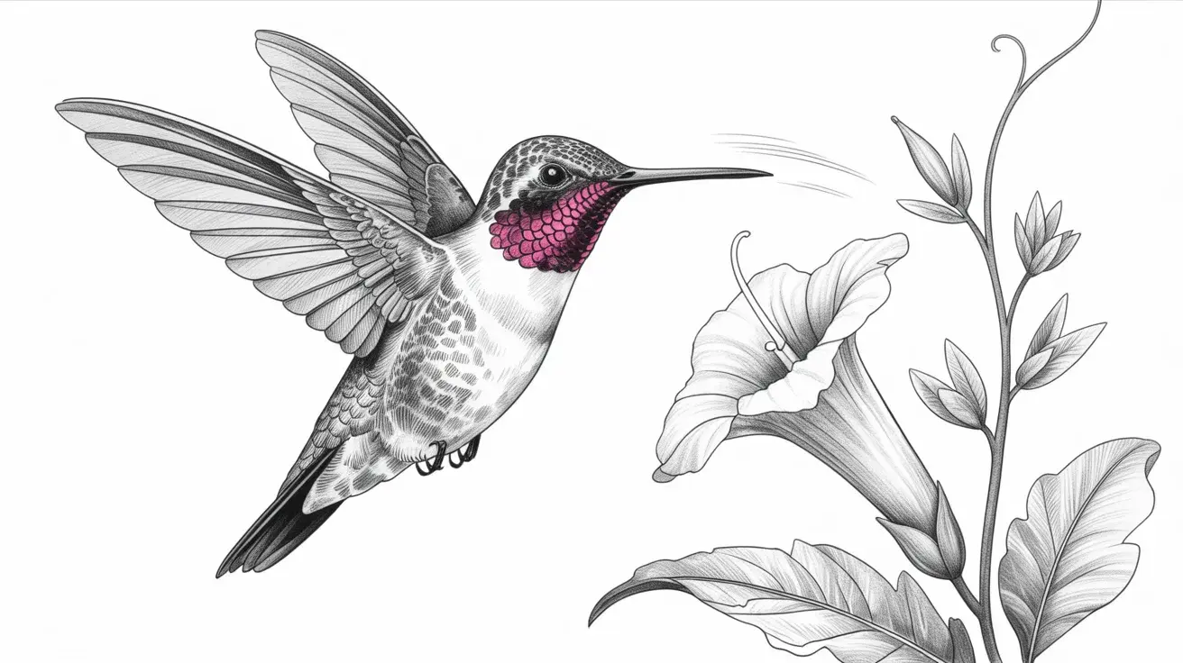 Black-and-white pencil sketch of a hummingbird hovering near a flower