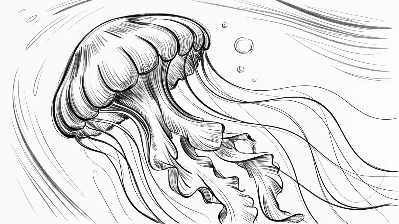 Black-and-white sketch of a jellyfish with flowing tentacles and water movement lines