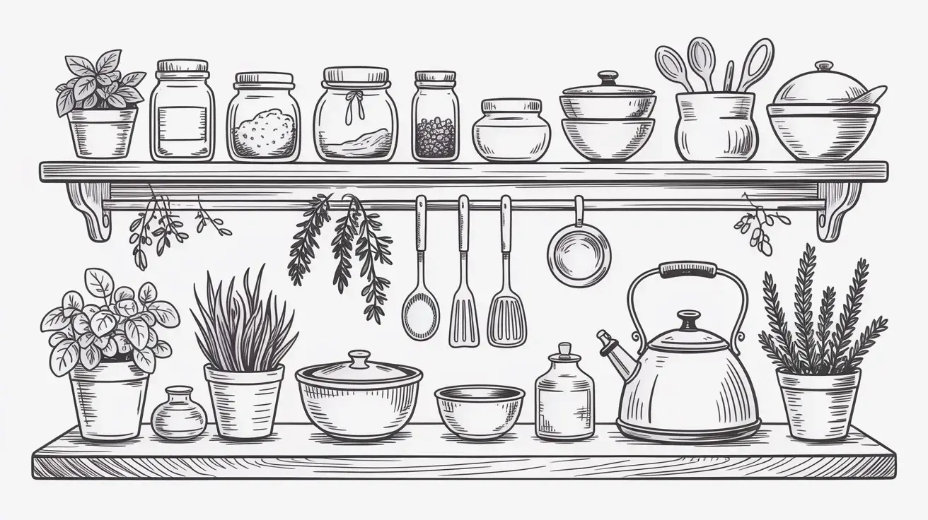 Black-and-white sketch of a kitchen shelf with jars, bowls, utensils, kettle, and potted herbs