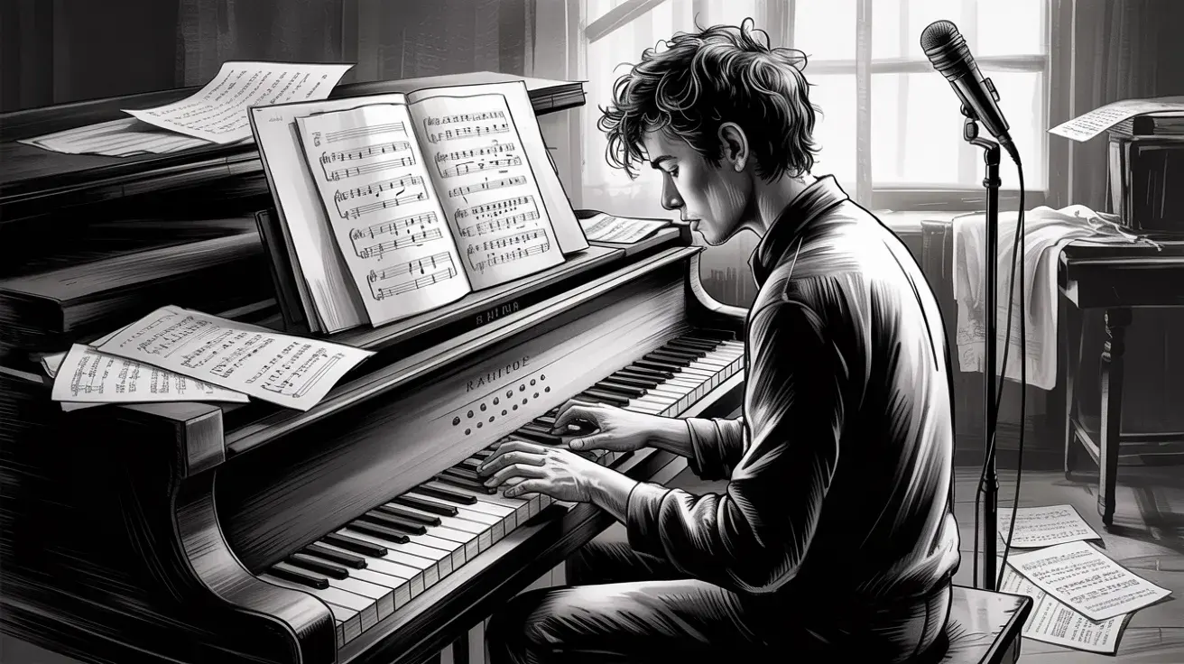 Black-and-white sketch of a musician playing piano, surrounded by sheet music