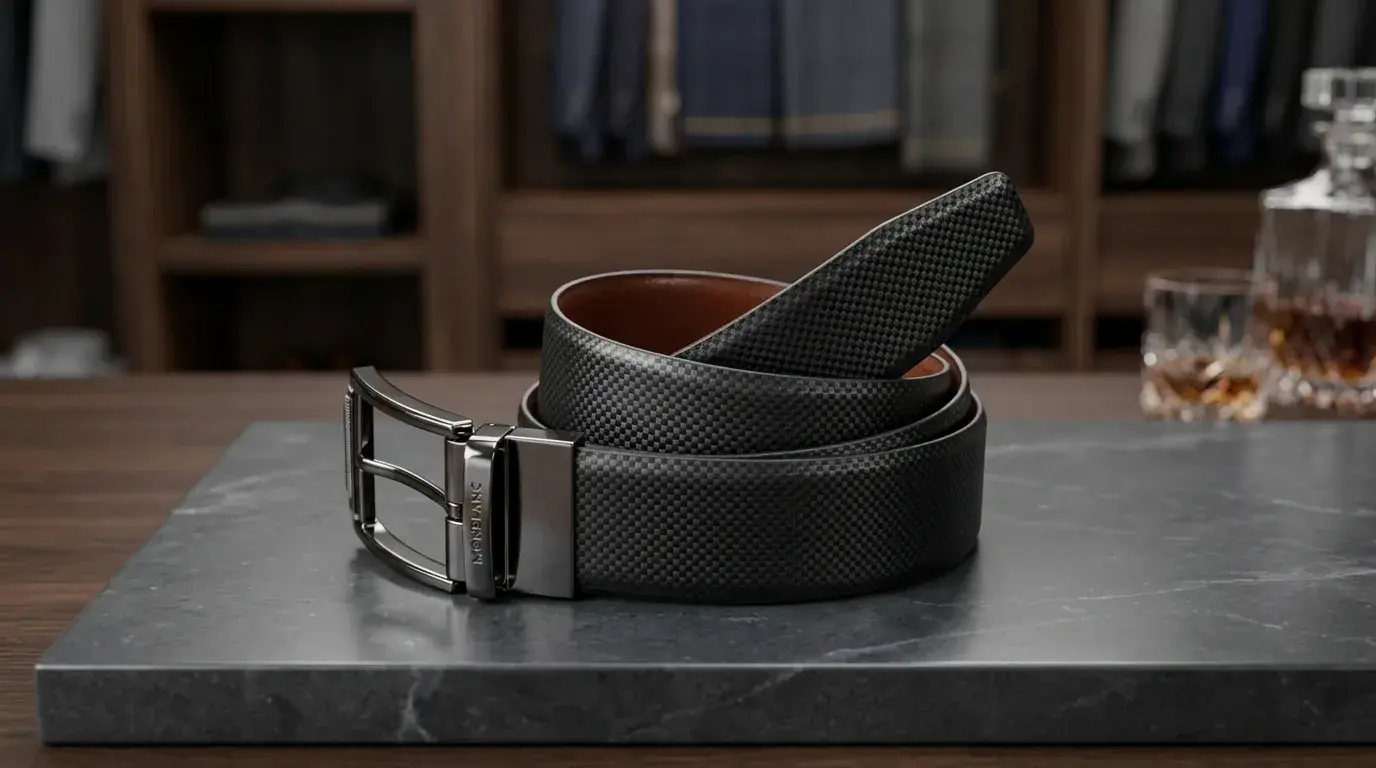 Black textured leather belt with a silver buckle displayed on a marble surface.
