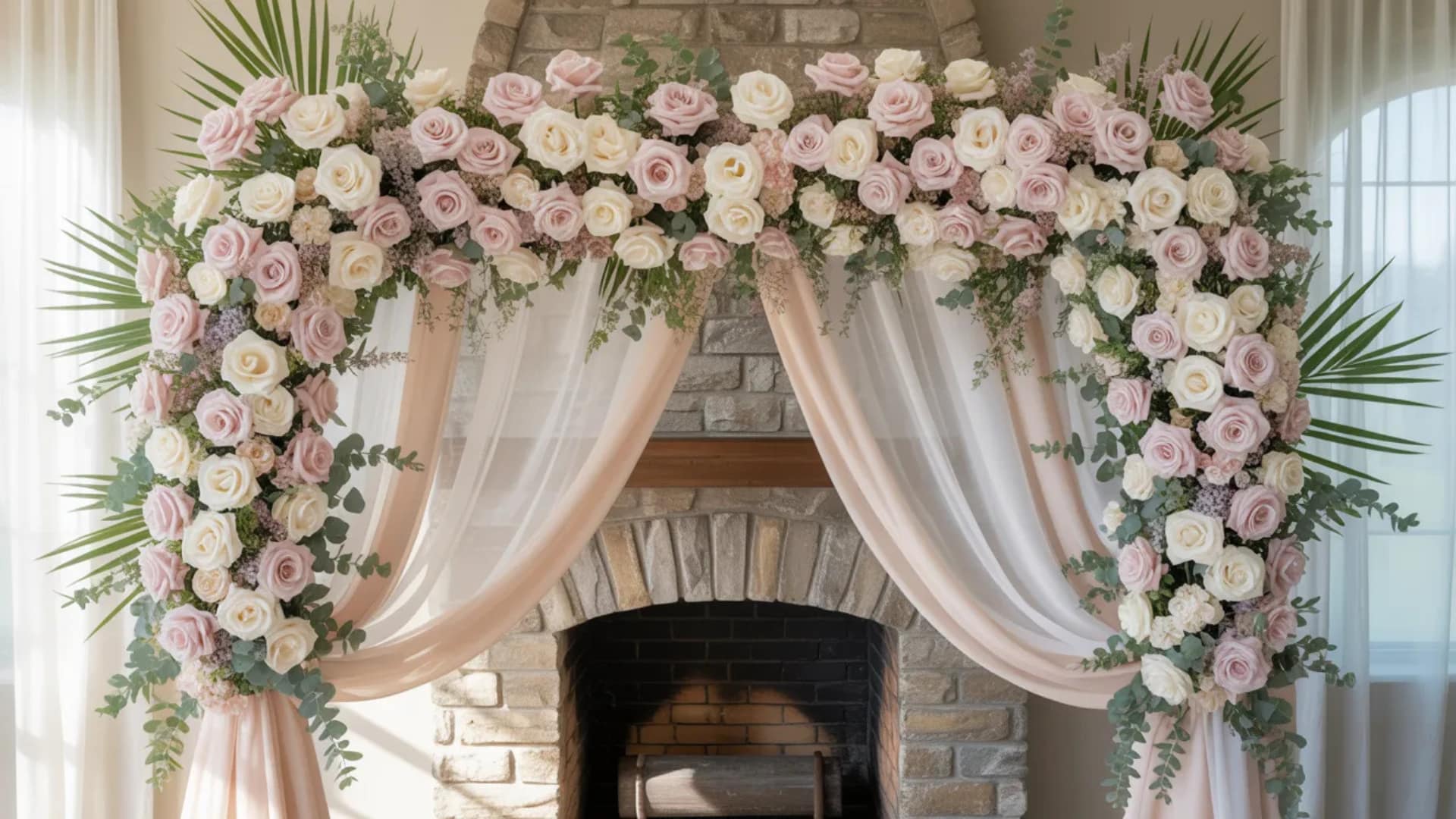 Blush and ivory rose wedding arch with soft draping in front of a stone fireplace