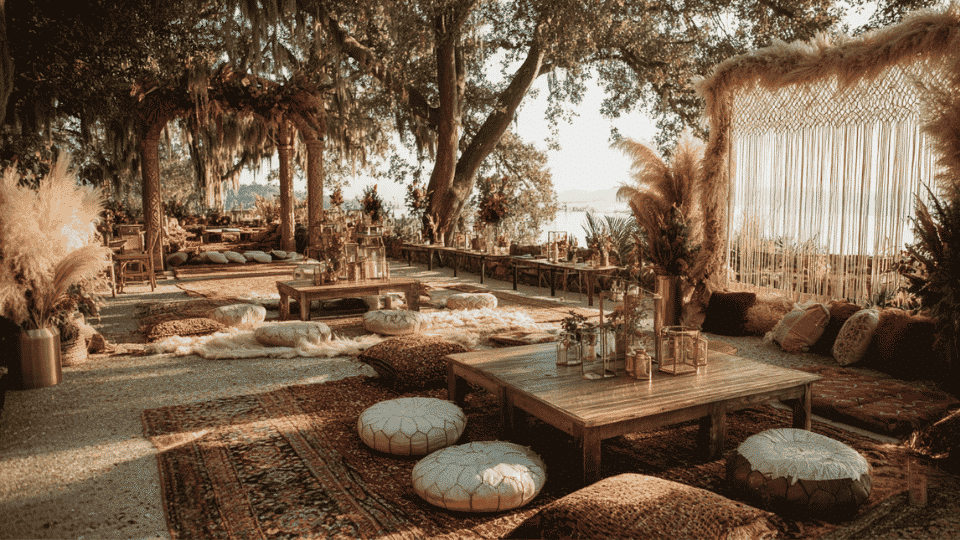 Boho garden wedding venue with rugs, macrame backdrop and pampas grass decor