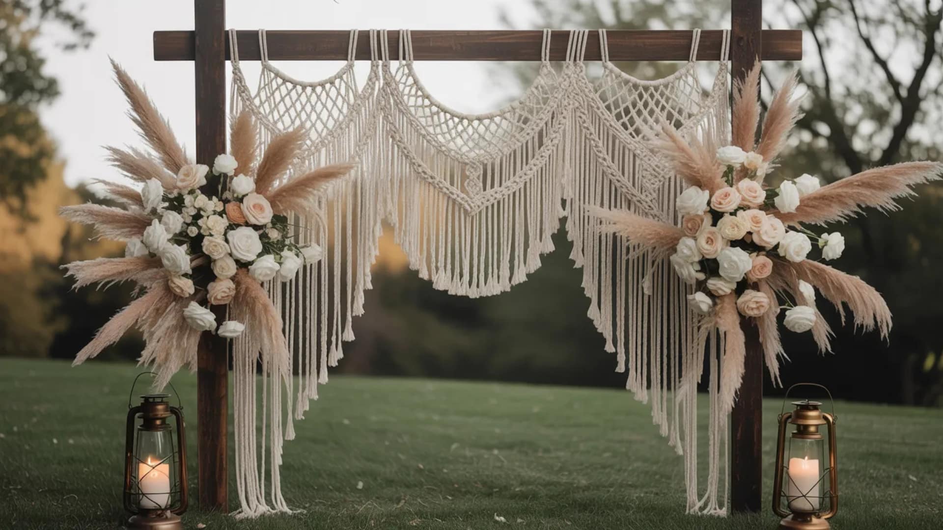 Boho macrame wedding backdrop with pampas grass, roses, and lanterns outdoors.