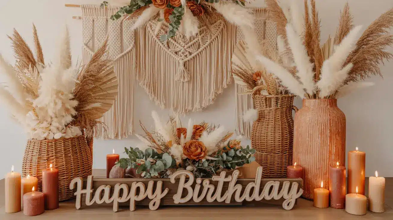 Boho-style DIY birthday setup with macrame backdrop, pampas grass arrangements, candles, and a wooden “Happy Birthday” sign