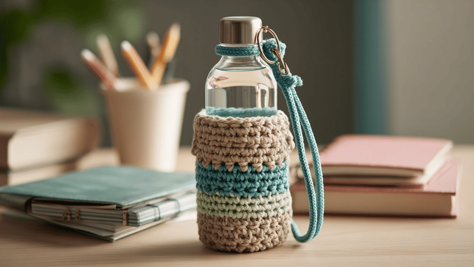 Crochet bottle holder with strap covering a water bottle on a desk