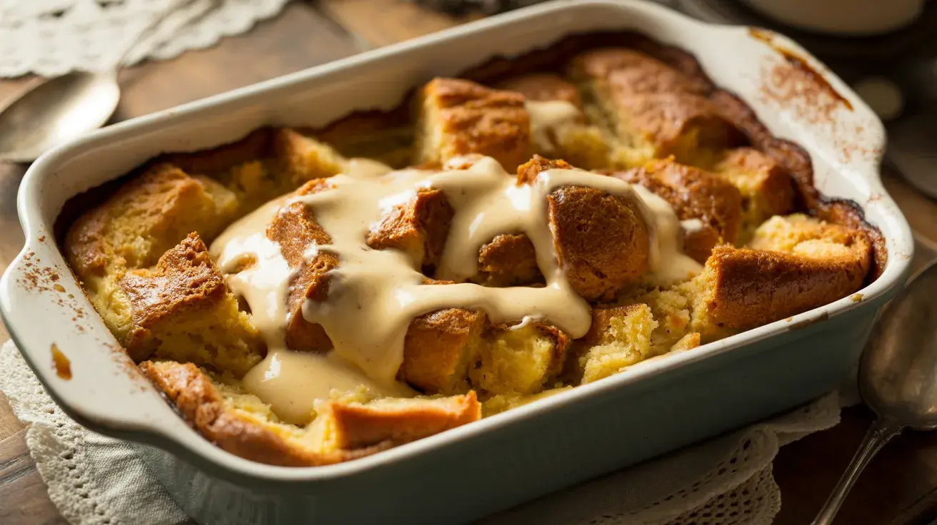 Bread pudding topped with warm vanilla sauce in a baking dish