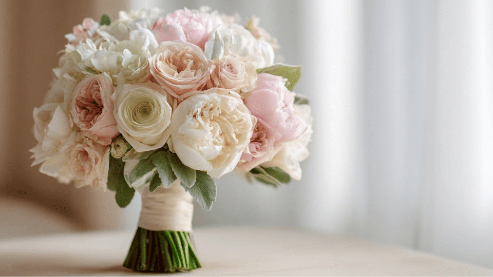 Bridal bouquet with roses and peonies in soft pastel tones, neatly wrapped stems
