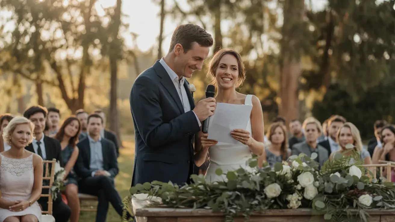 Bride and groom delivering a shared welcome speech to guests during an outdoor wedding ceremony