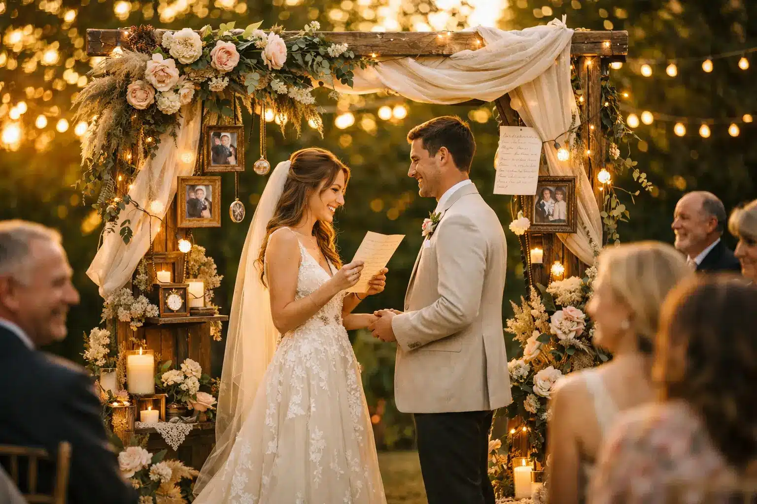 Bride and groom exchanging vows under a flower-adorned arch at a golden hour outdoor wedding ceremony