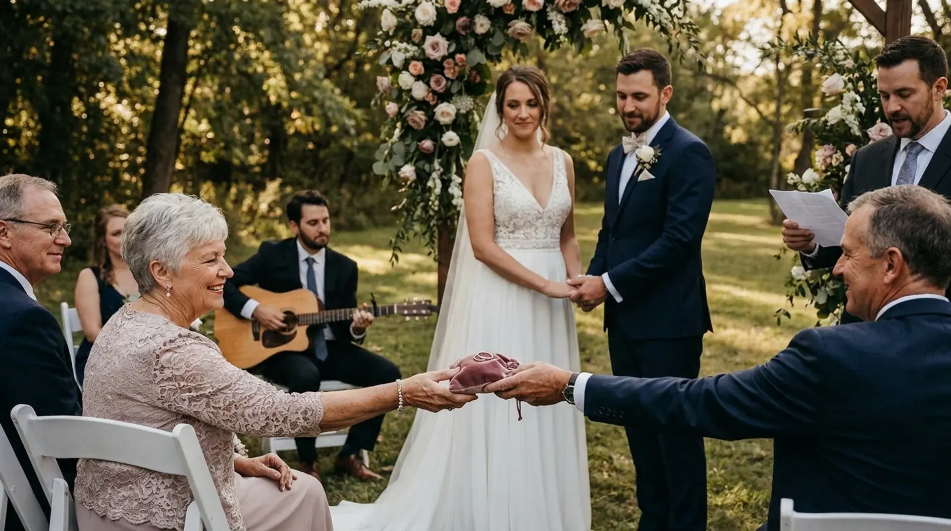 Bride and groom holding hands during an outdoor wedding ceremony as family members exchange rings