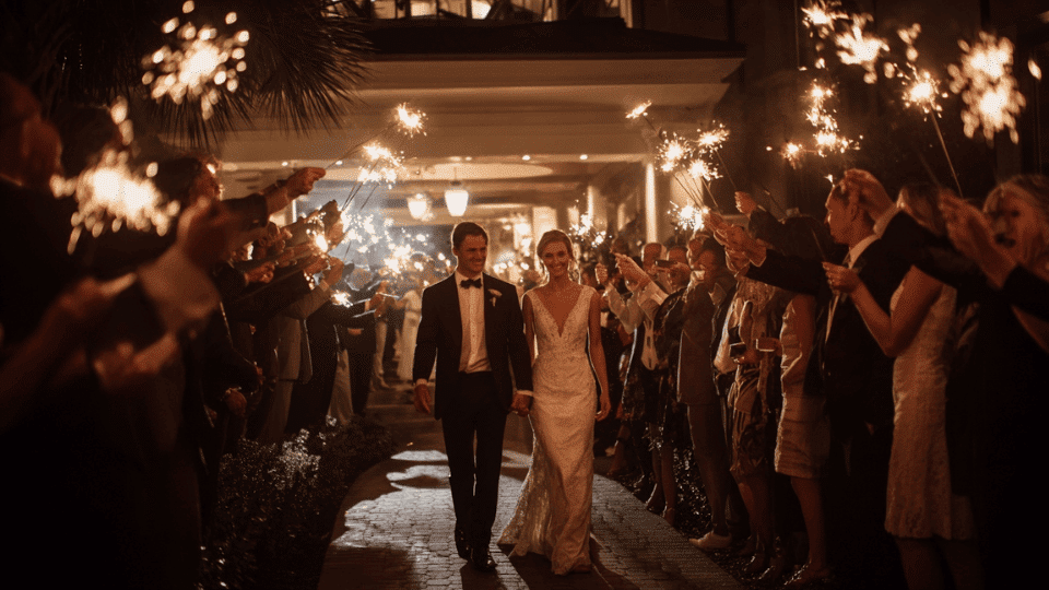 Bride and groom walking through a sparkler exit, with guests holding sparklers, creating a magical wedding moment.