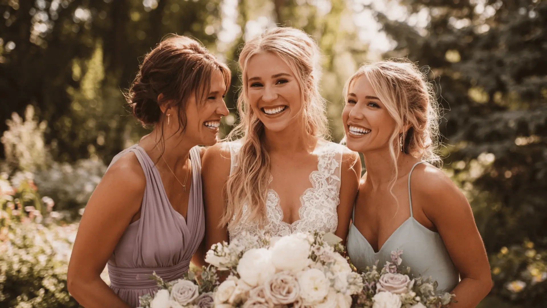 Bride holding bouquet with bridesmaids in red dresses standing together outdoors with arms around each other.