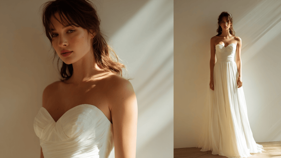 Bride in A-line wedding dress with fitted bodice and flared skirt, styled with half-up, half-down hair.