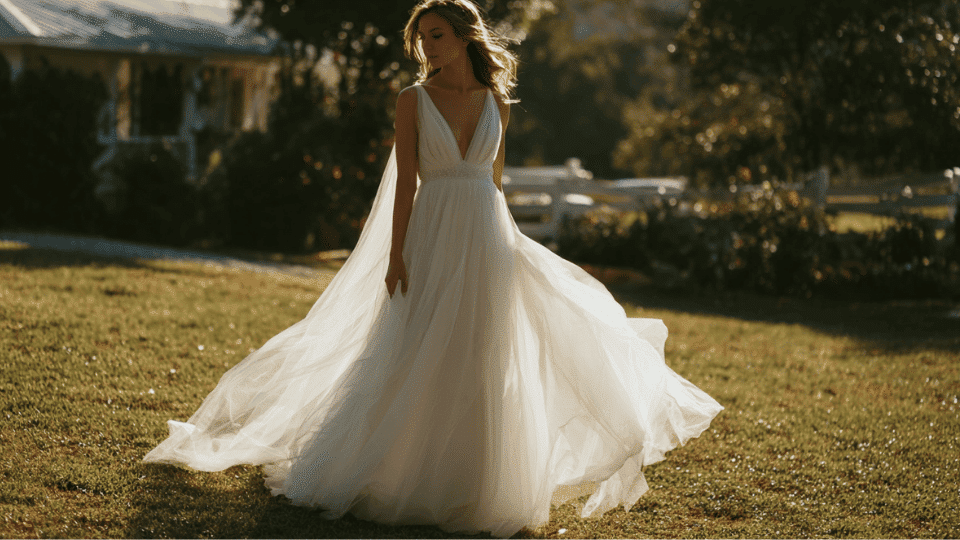 Bride in a lightweight organza gown with a flowy silhouette, perfect for a summer wedding.