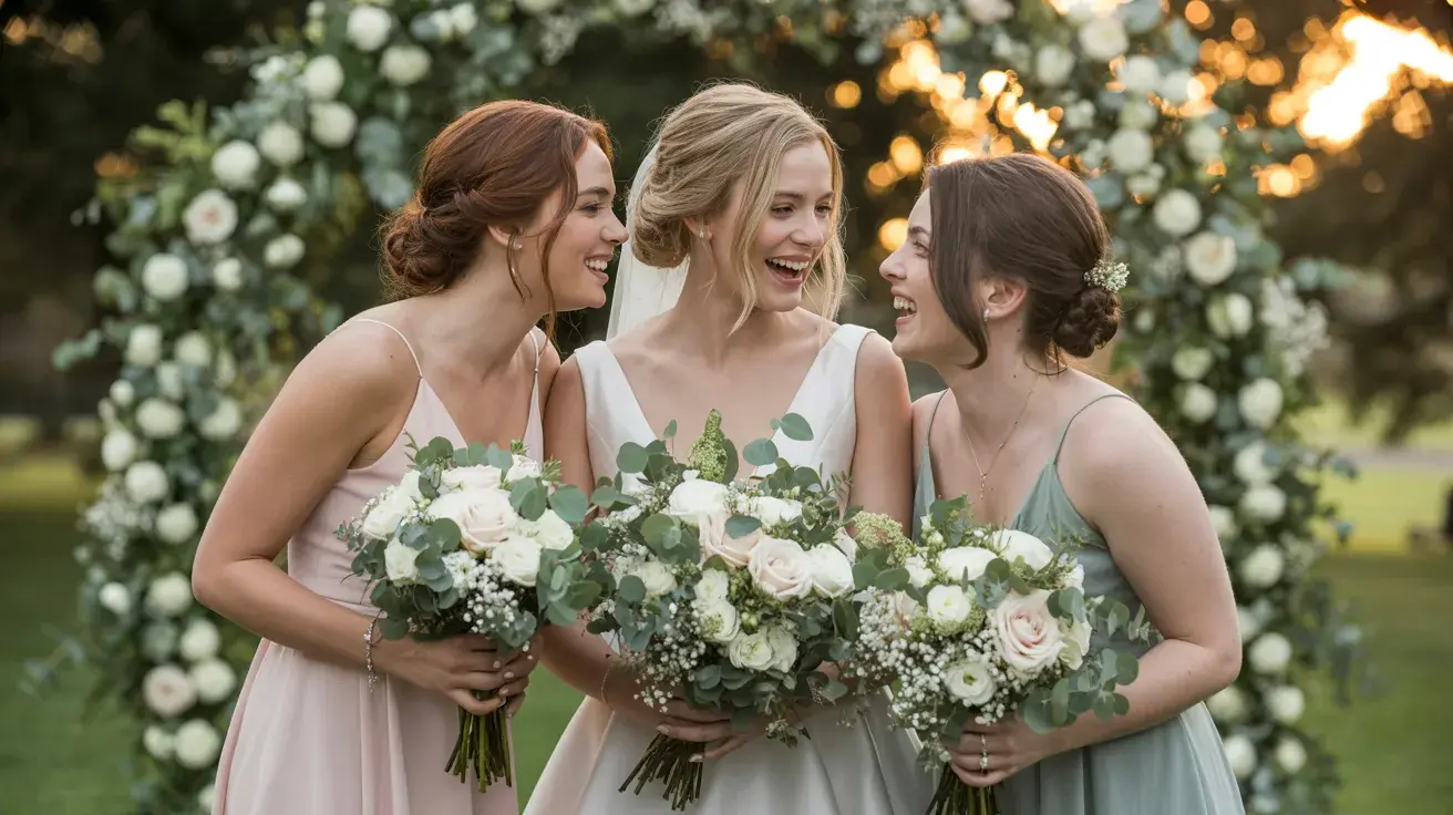 Bride smiling with two maids of honor in a joyful, harmonious wedding moment