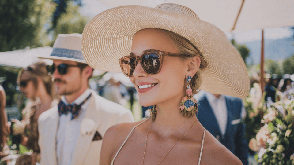 Bride wearing a wide-brimmed hat and guests in stylish sunglasses, bow ties, and pocket squares at an outdoor wedding