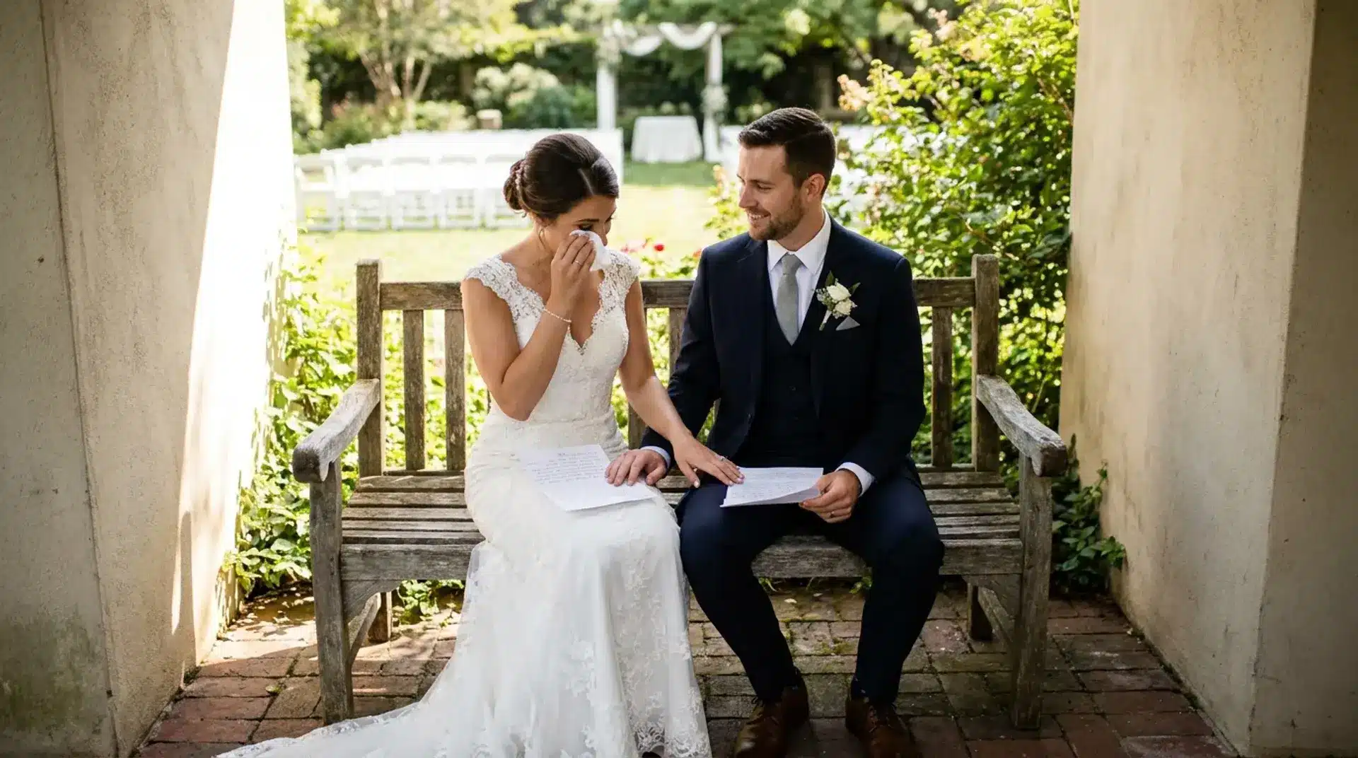 Bride wiping away tears while sitting beside groom on a wooden bench during an outdoor wedding ceremony