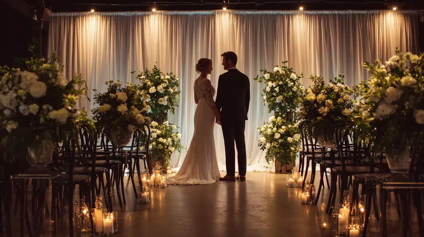 Bride and groom standing together in a candlelit indoor wedding venue decorated with white floral arrangements