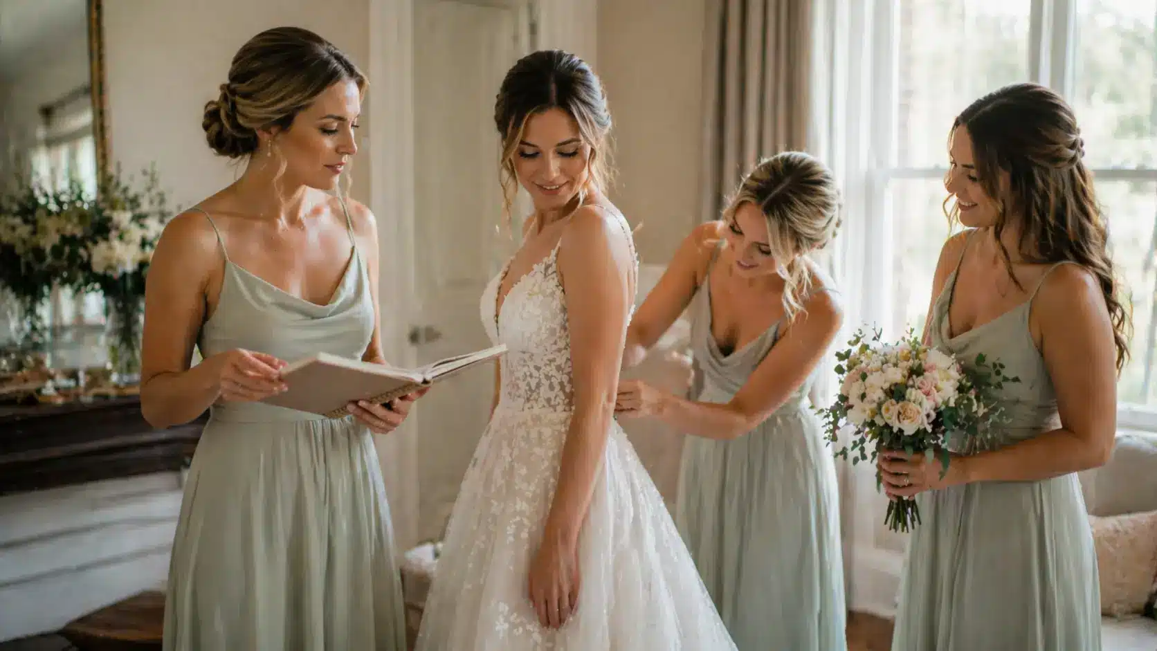 Bride getting ready with bridal party helping