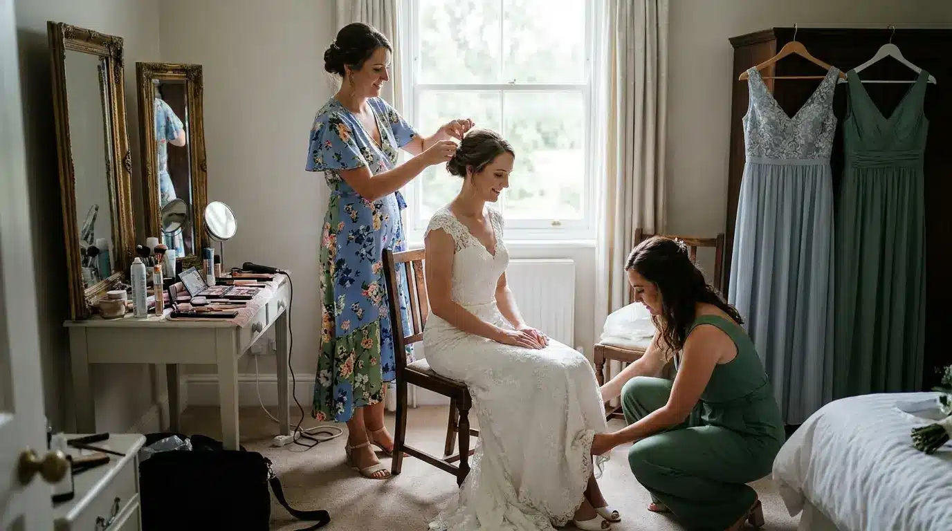 Bridesmaids helping the bride get ready in a calm, supportive wedding moment