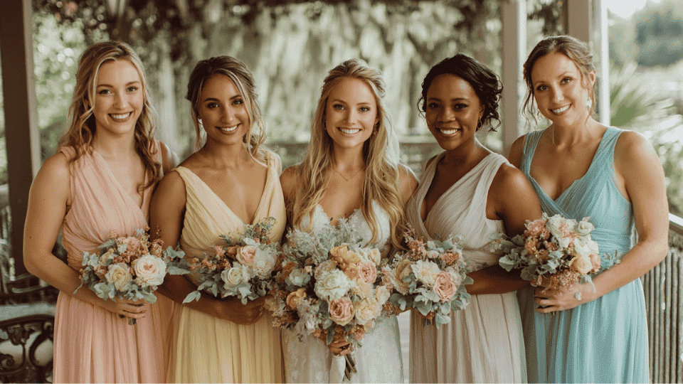 Bridesmaids in coordinated mismatched pastel dresses for a summer wedding, looking vibrant and comfortable.