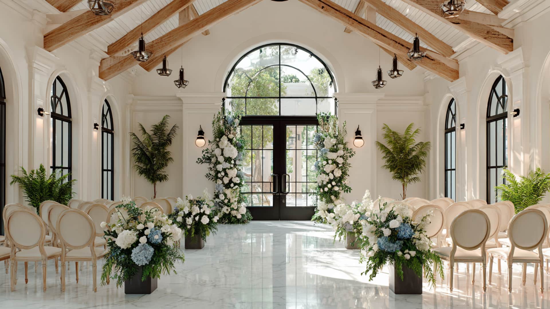 Bright indoor wedding ceremony setup with floral pillars and aisle arrangements.