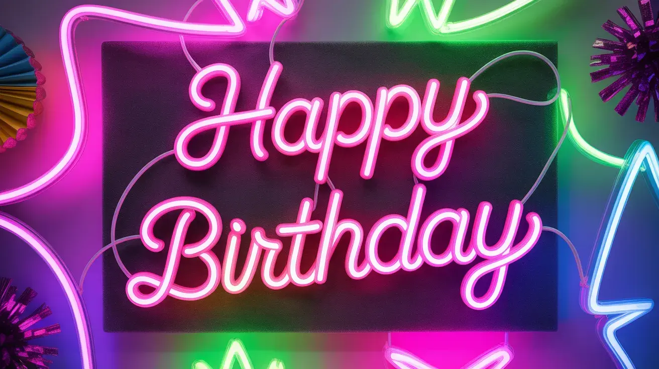 Bright neon “Happy Birthday” sign with colorful glowing lights creating a fun party backdrop