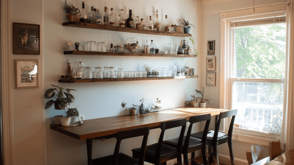 Built-in wall DIY bar with shelves and counter in a home interior.