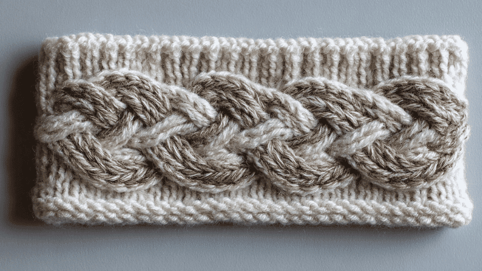 Crochet cabled ear warmer with chunky cable stitch displayed flat