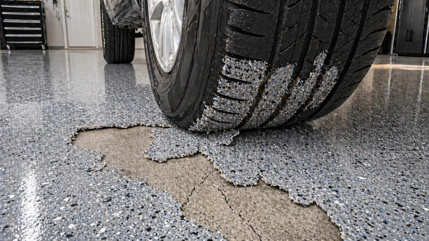 Car tire lifting and peeling epoxy coating from garage floor showing hot tire pickup damage